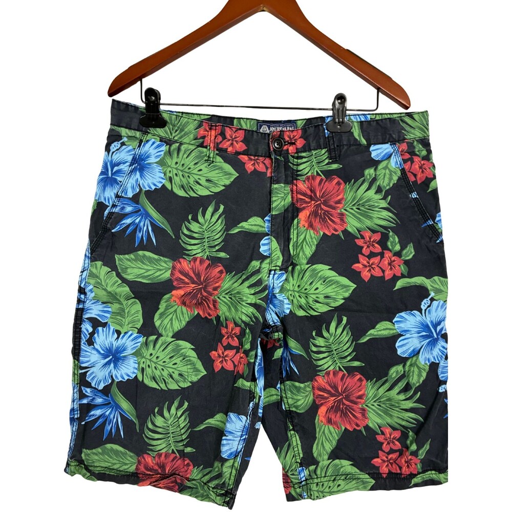 American Rag CIE Mens Shorts 36 Slim Fit Tropical Floral Hibiscus Cotton Black